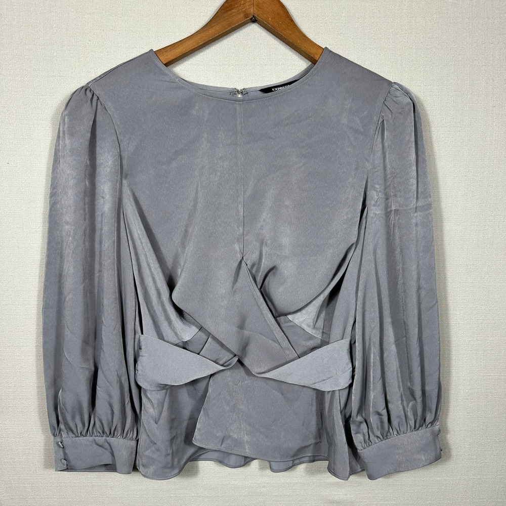 Express Blouse Womens XL Gray NWT Long Sleeve Crossover Wrap Front Satin Top